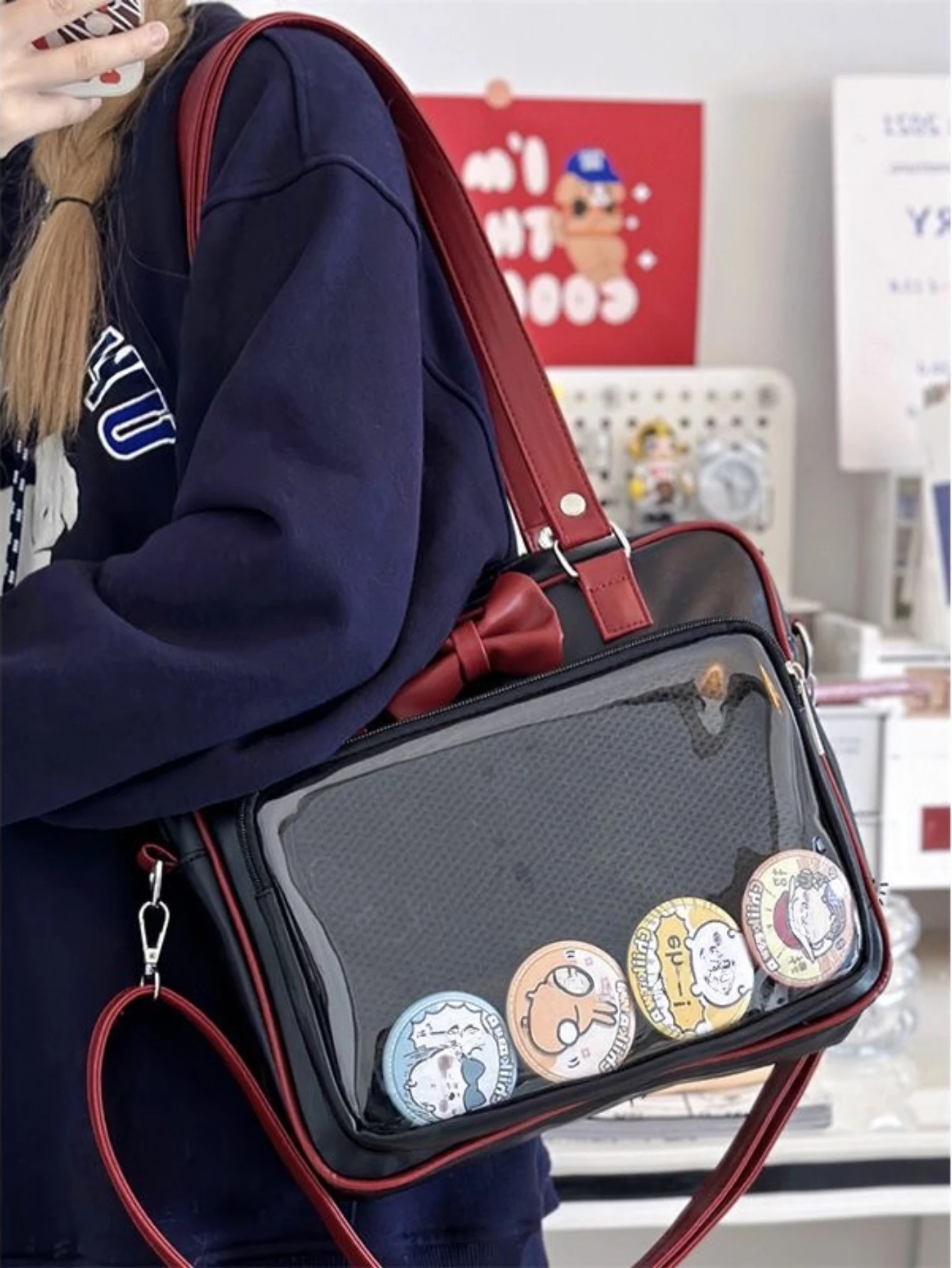 Japanese Style Kawaii PU Leather Itabag Women Transparent Pocket Bowknot Lolita Shoulder Bag Tote Handbags Women Ita Bag JK Girl