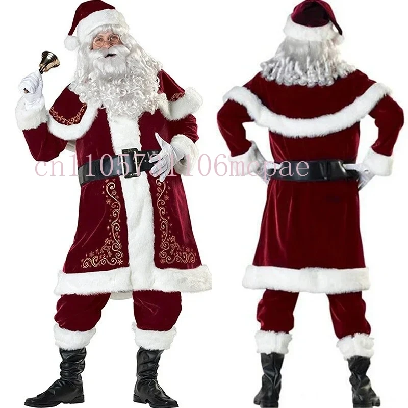 Conjunto de fantasia de Papai Noel de veludo vermelho de luxo – Roupas de festa de Natal combinando para a família para adultos, homens e crianças, terno de cosplay de Natal