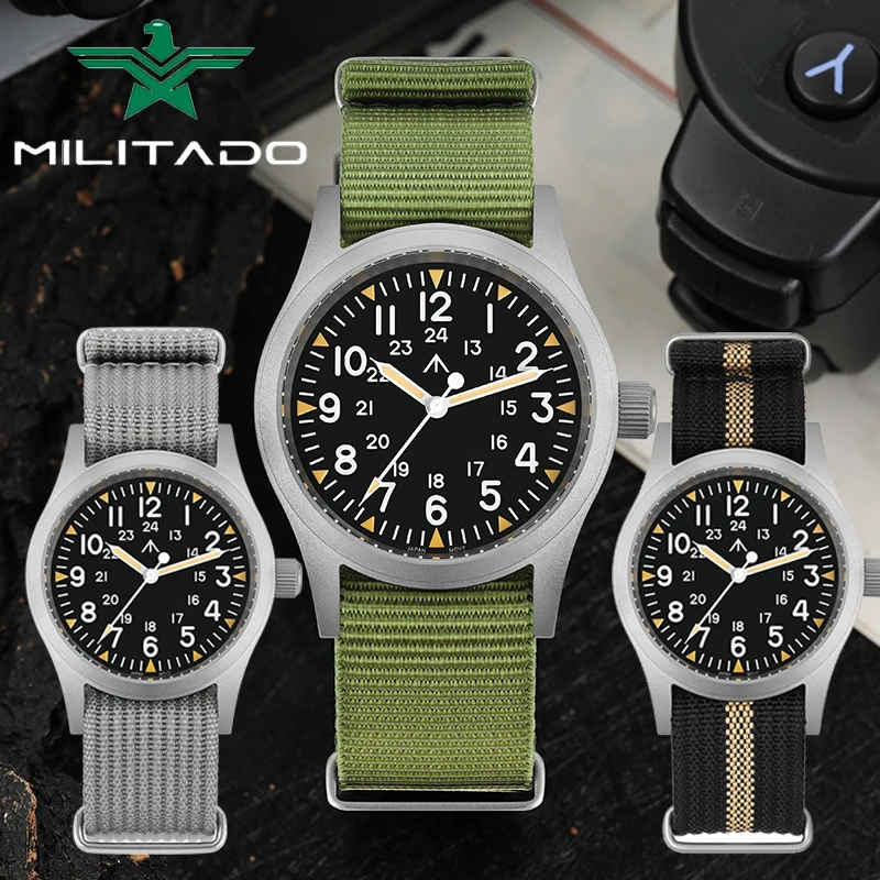 

Militado ML05B Кварцевые часы Miyota 2035 Кварцевый механизм 100 м Водонепроницаемые винтажные часы C3 Зеленые светящиеся часы с сапфировым стеклом