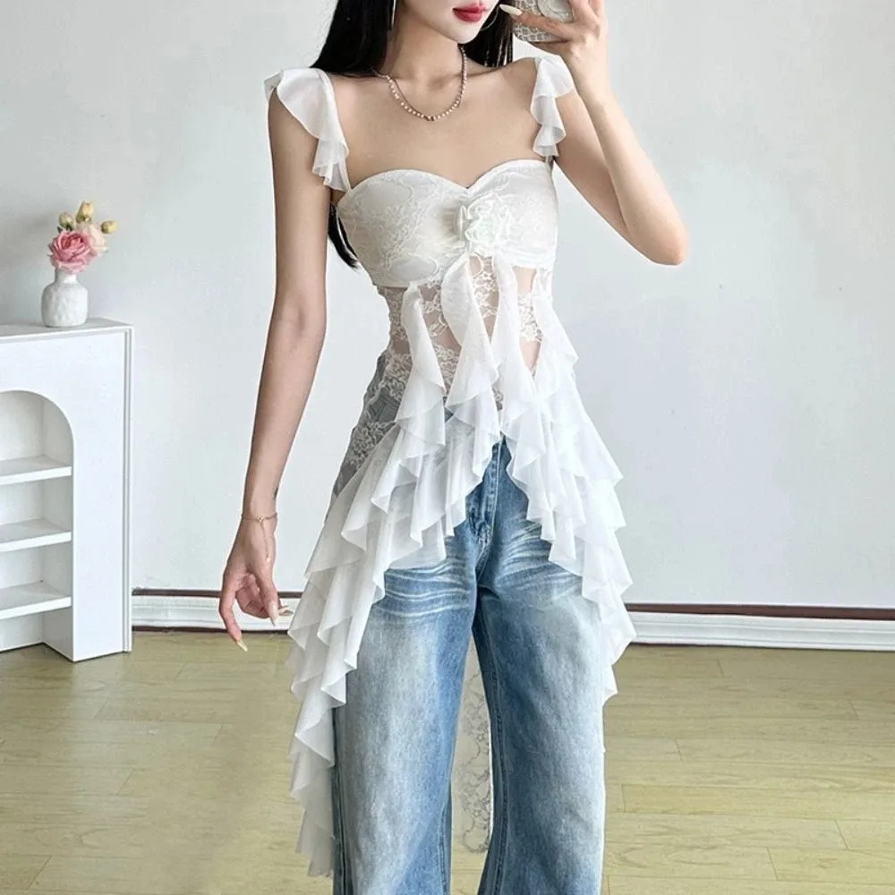 

Off-shoulder Lace Flower Tassel Camisole Ruffled Edge Transparent Mesh Ribbon Dress Beachwear Spicy Girl Style