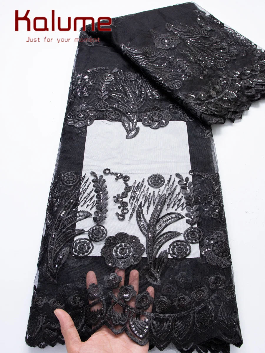 カルメ-ブラックメッシュチュールレース生地-スパンコール付き-フレンチブライダルドレス-刺繍-5y-アフリカンレース生地-2026-高品質ネット素材