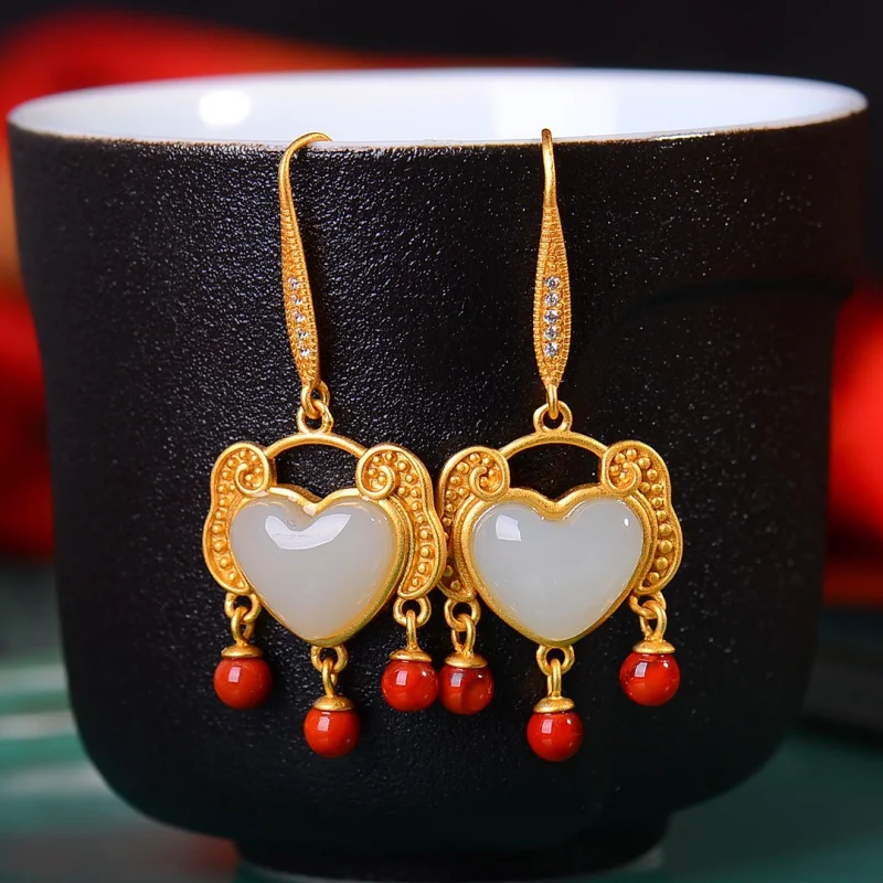 

Silver Hetian White Ruyi With South Red Earrings Heart Lock Women Jade Eardrops