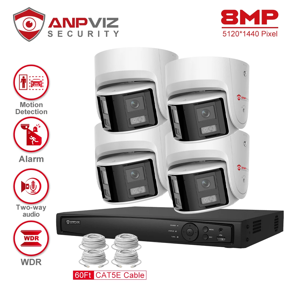 Anpviz 8CH 4K NVR 8MP Dual Lens POE Camera Ultra Wide Angel 180° Panoramic Camera Real Time System Kit AI Vehicle Detection IP67