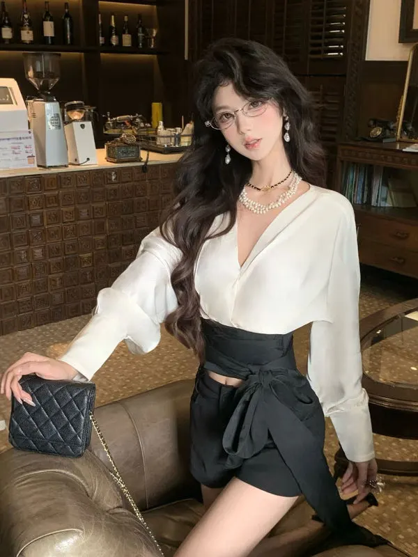 

Корейская уникальная красивая женская блузка с V-образным вырезом и рукавами «летучая мышь», приталенная, длинная, из хлопка, повседневная, для офиса