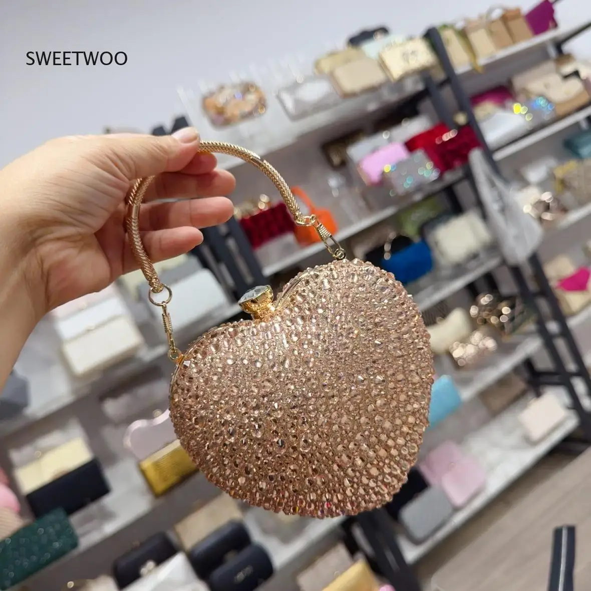 2026 New Womens Rhinestone Heart Shape Evening Bag Mini Top Handle Clutch Handbag for Party view 6