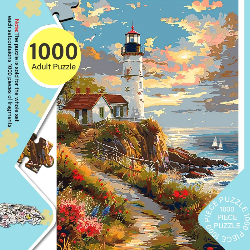 

A Box of 1000pcs Adult Mini Puzzles with a Seaside Lighthouse Design - Scratch-Resistant, Challenging, Suitable for Adults, Fa