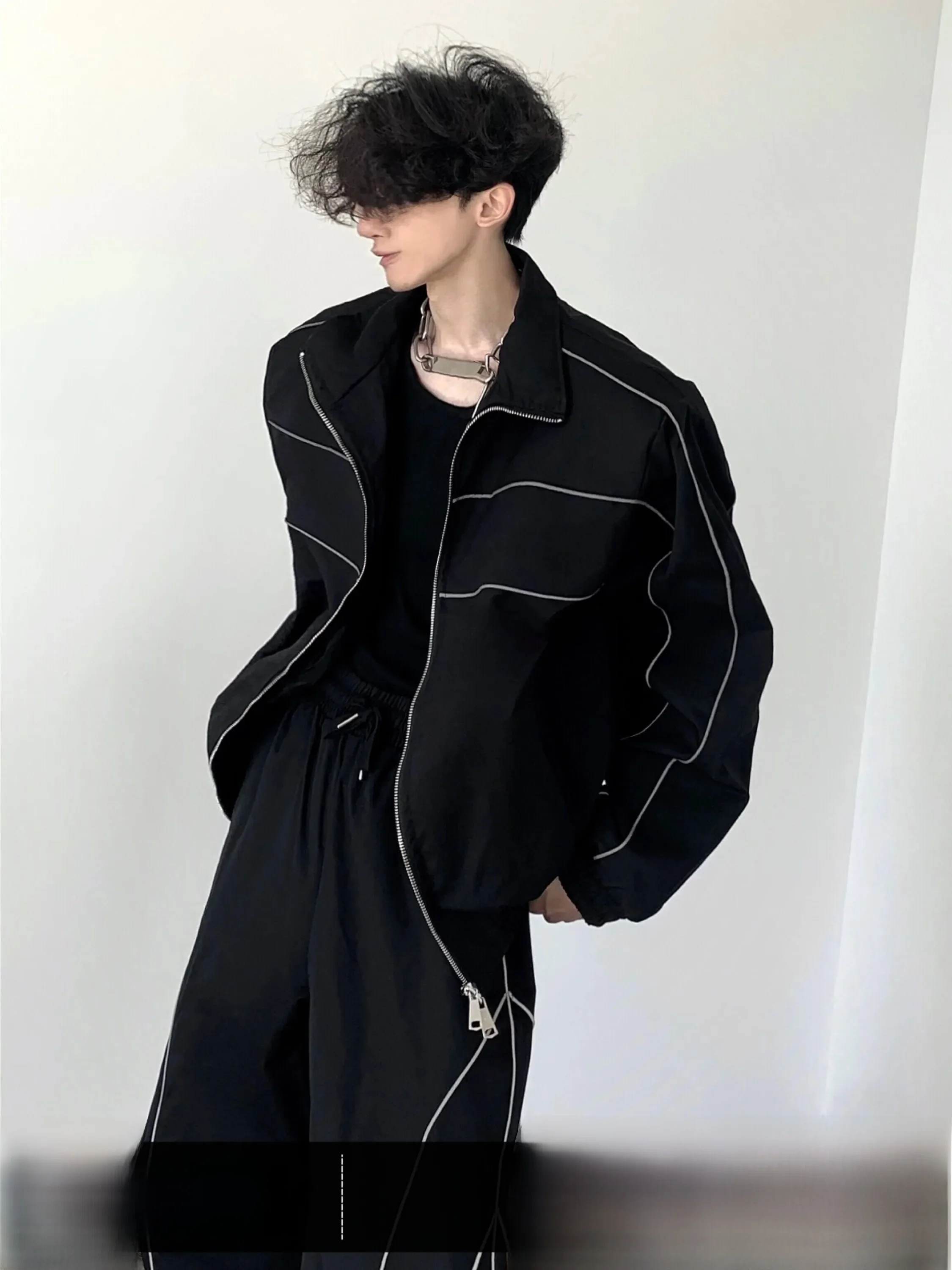 Autumn Mountain Wind Men's Casual Sportswear Set Pad Shoulder Jacket with Reflective Strips Black Functional Design High-End ...