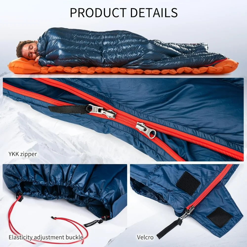 1.26lbs Ultralight Sleeping Bag, 650/800 Fill Power Goose Down Sleeping Bag, 32-43℉ Compact Lightweight Envelope Sleeping Bag.