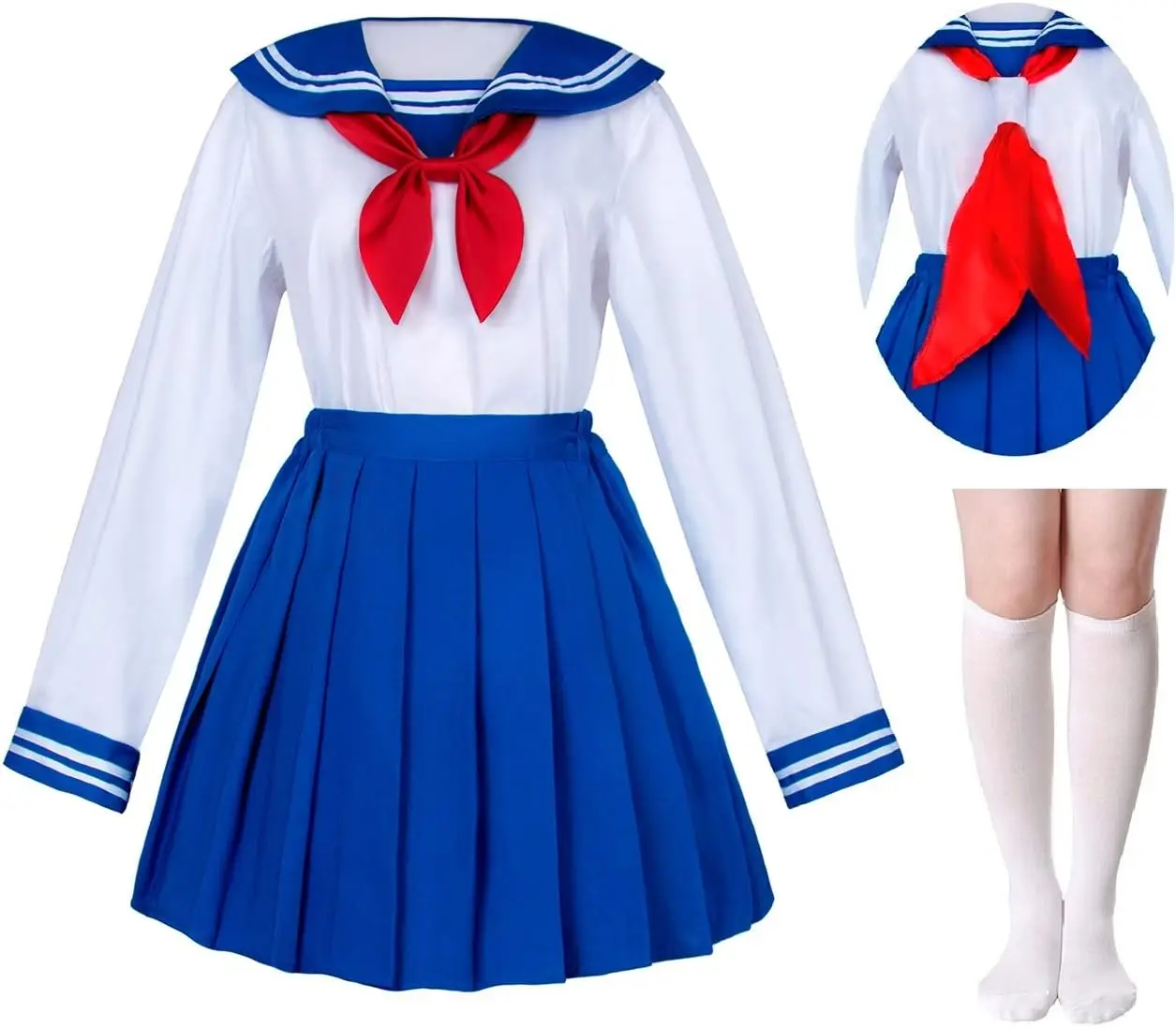 Elibelle Japanese School Girls Uniform Sailor Navy Blue Pleated Skirt Anime Cosplay Costumes with Socks set