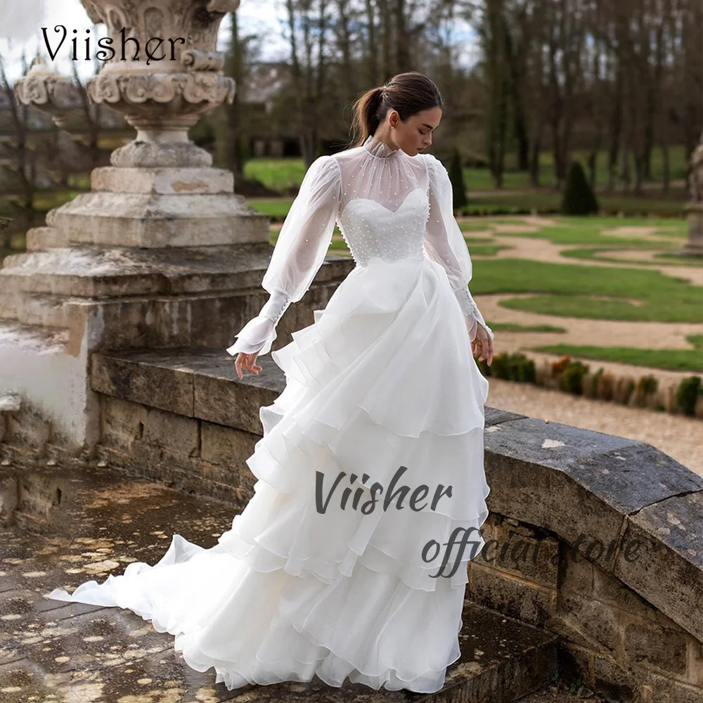 

Viisher White Chiffon A Line Wedding Dresses Long Sleeve High Neck Elegant Princess Bridal Gowns 2023 Customized Bride Dress