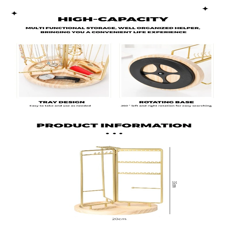 Iron Jewelry Organizer Stand- Gold Metal Frame & Wooden Base, Foldable & Rotatable