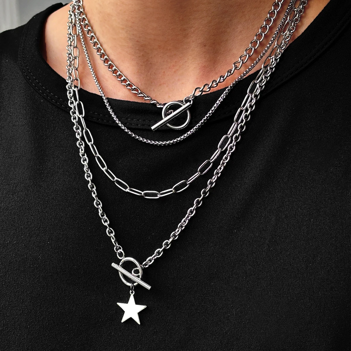 DOTIFI Stainless Steel Fashion Hip Hop Personalized Trend Kpop Exquisite Design Men's Multi-Layer Star OT Clasp Necklace Set