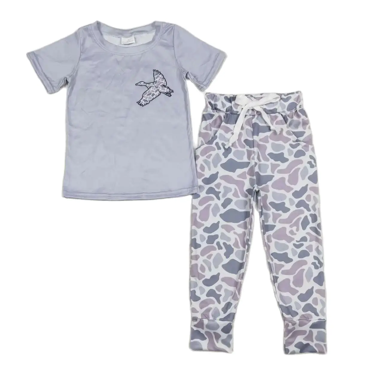 

Wholesale Infant Children Sets Grey Short Sleeves Duck Shirt Kids Camo Pocket Pants Trousers Baby Boy Toddler Hunting Outfit