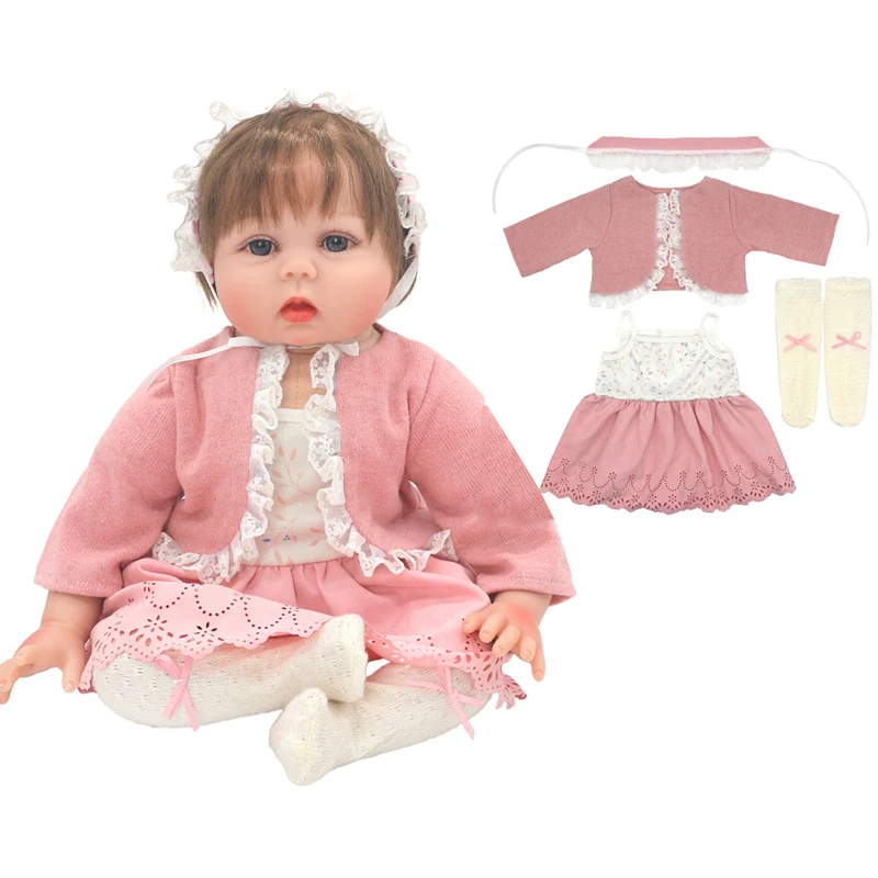 55cm Reborn Baby Doll Clothes Pink Cardigan Dress Cap 22