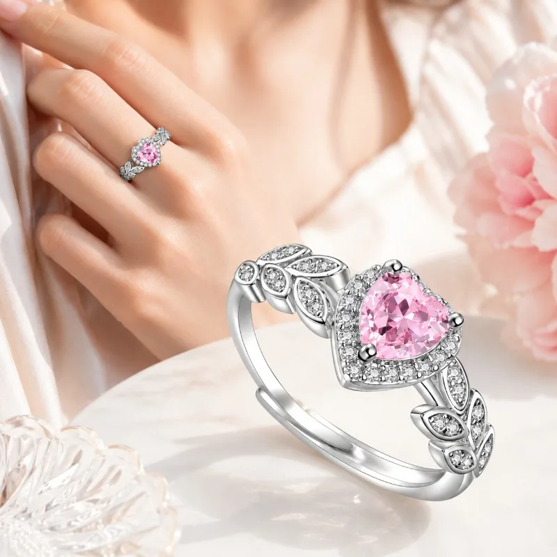 Love Pink Diamond Ring Light Luxury Style Sweet Heart-shaped Diamond Zircon Diamond Ring Open Wild Ring Female Wedding Gift