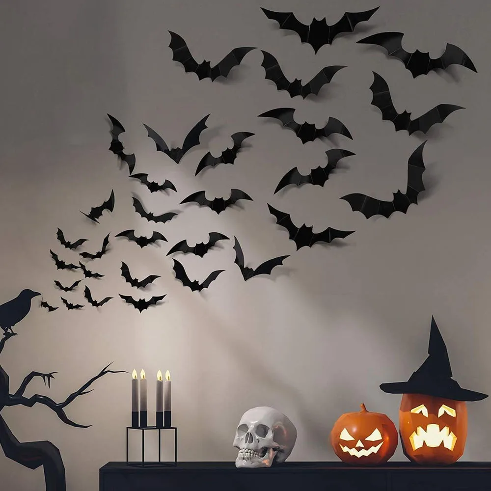 

48/24Pcs 3D Wall Stickers Bat Stickers Halloween Decoration Paper Sticker Bat Sticker for Home Halloween Party Decorations