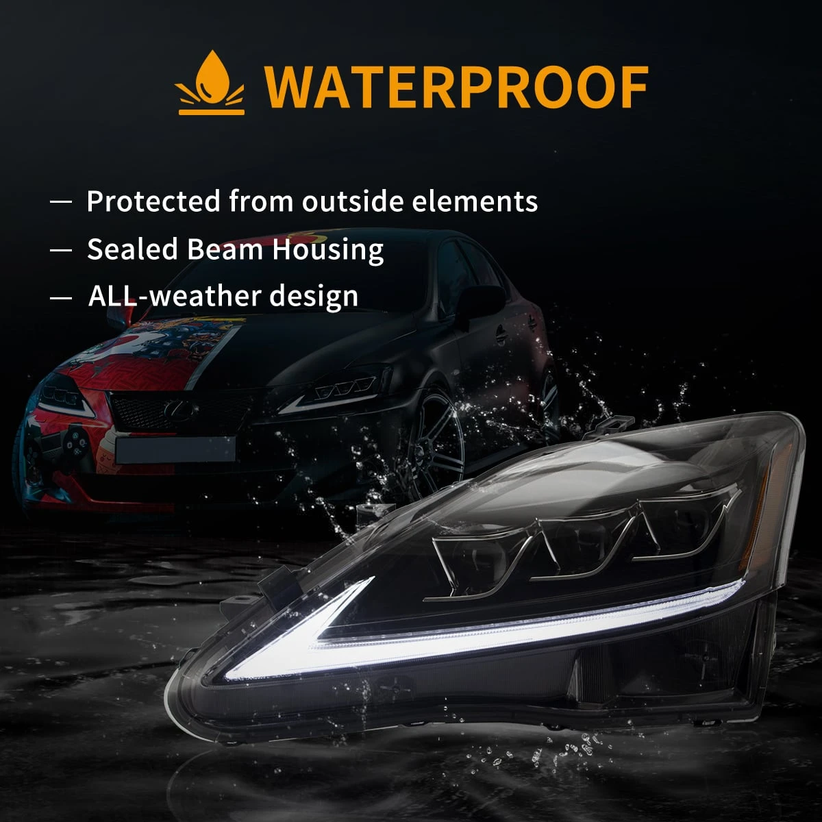 2 Stück LED-Scheinwerfer-Set für Lexus IS250 IS300 IS350 ISF 2005-2013, E‑Mark-zugelassene Frontscheinwerfer mit dynamischem sequenziellem gelbem Blinker, Tagfahrlicht, LHD, Direktpassung,
