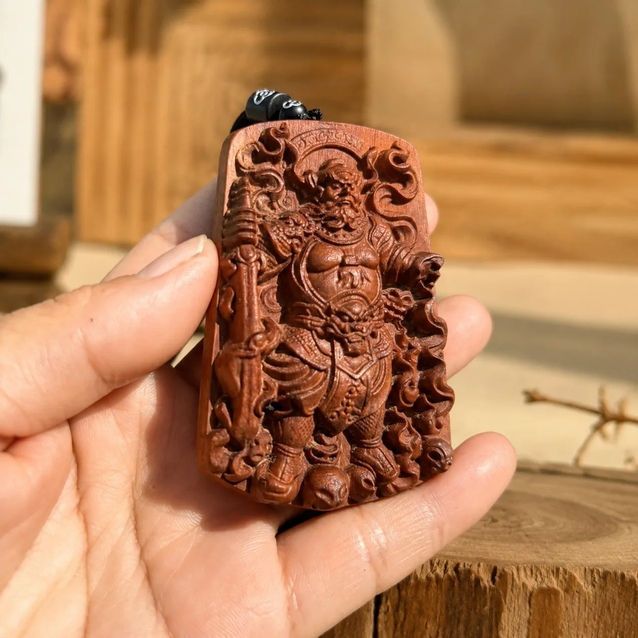 Hand Carved Thunder Struck Jujube Wood Zhao Gongming Wealth God Pendant Taoist Amulet for Protection Feng Shui Decor Gift