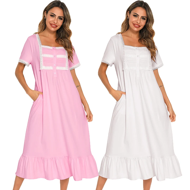 

Summer Women Nightgowns White Cotton Short Sleeve Nightdress Vintage Long Sleepwear Lace Sexy Nightwear Home Night Dress