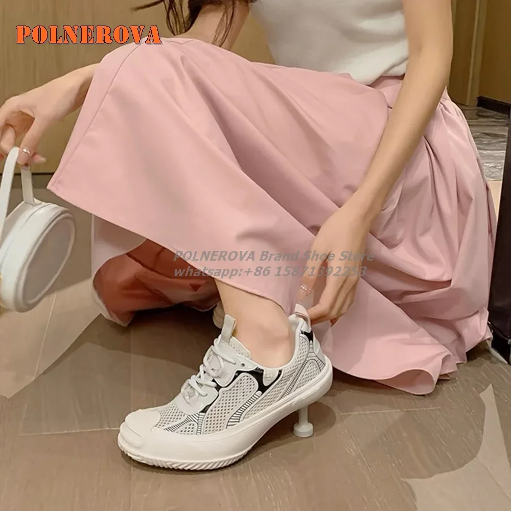 Air Mesh Hollow Cross Tied Patchwork Pumps Lace Up  Round Toe Strange Style Mixed Colors Shoes Rubber Height Increasing Casual image 6