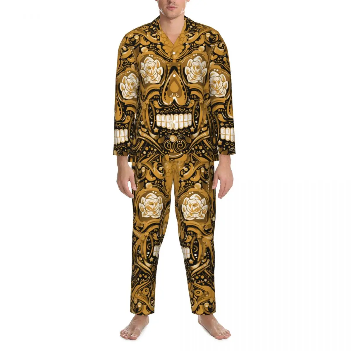 

Bronze Steampunk Sleepwear Autumn Sugar Skull Print Loose Oversize Pajama Set Men Long Sleeve Comfortable Sleep Home Suit