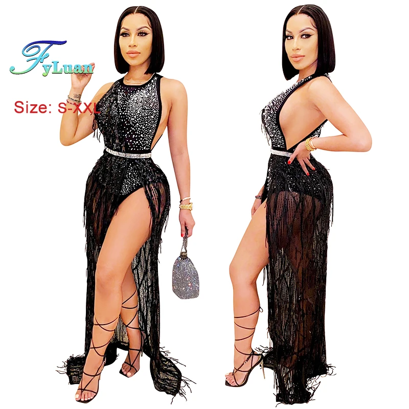 Nuovo Solido Paillettes Donne Abito a Vita Alta Set Tute Senza Maniche Abiti + Una Spalla Nappe Abito Lungo Estate Club Abbigliamento