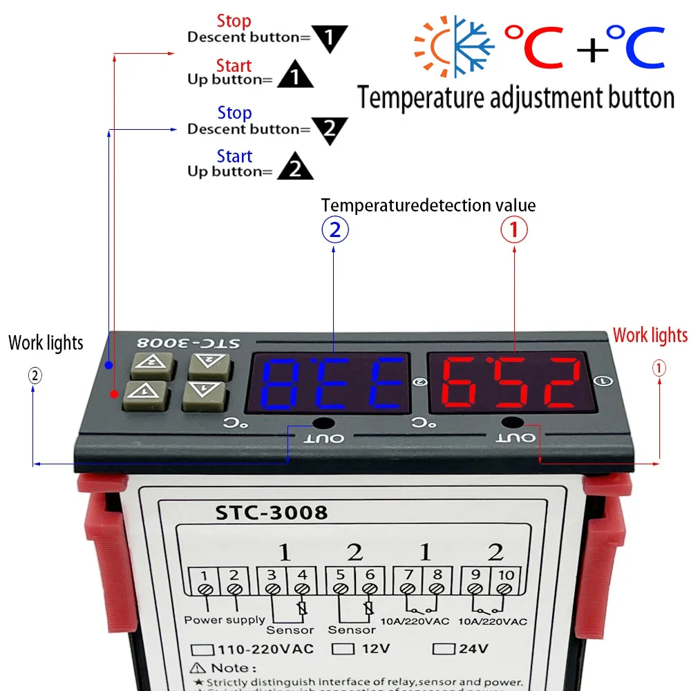 Dual Digital STC-3008 Temperature Controller Two Relay Output Thermostat Heater with Probe 12V 24V 220V Home Fridge Cool Heat