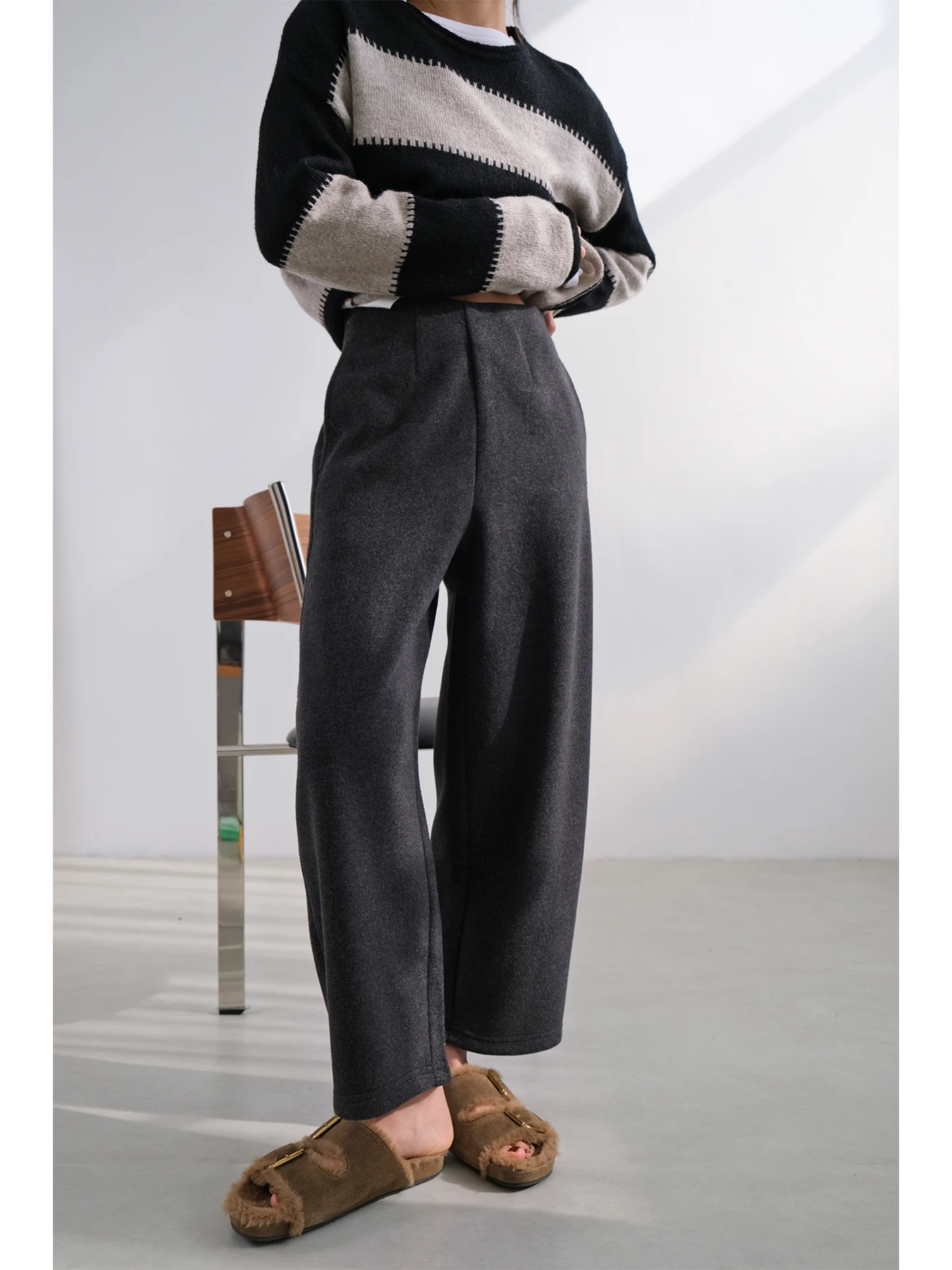 

VG Woolen Knitted Elastic andmother Pants High Waist Knife- Design Zipper Side Slimming Sli Commute Winter Warm