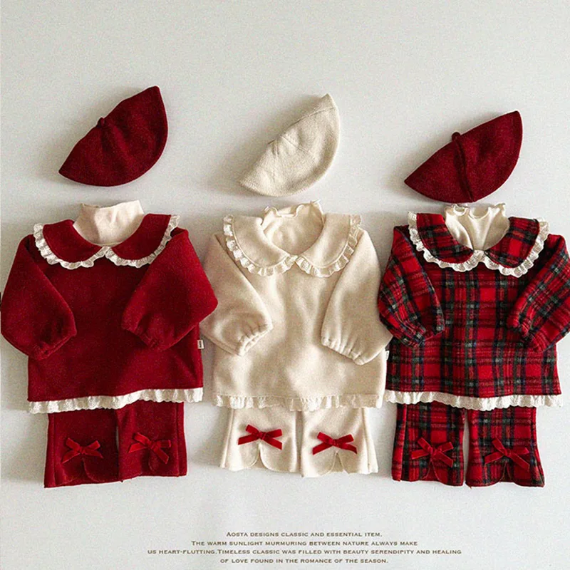 

2025 Winter New Baby Girl Peter Pan Collar Fleece Tops + Bow Pants Suit Thick Warm Infant Sweet Princess Set Girls Plaid Outfits