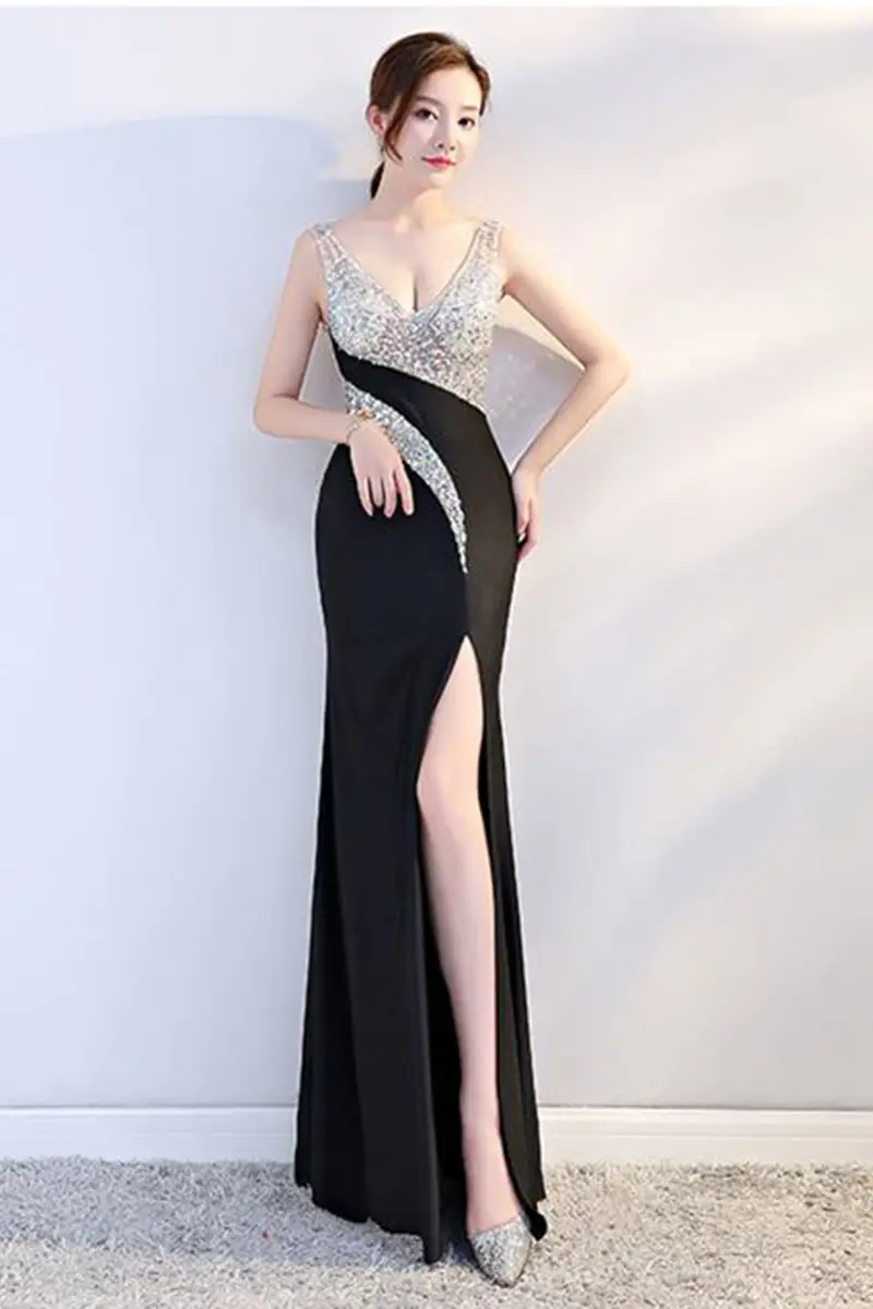 

2022 New Elegant Socialite Evening Gown for Women Sexy V Neck Backless Sequin Split Bodycon Maxi Dress Party Formal Outfit