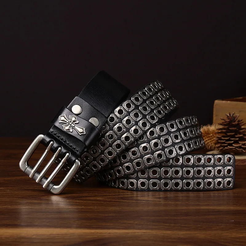 Men's Retro Rock Three-Pin Buckle Rivet Belt Genuine Leather First Layer Cowhide Motorcycle Punk Style Overalls Belt