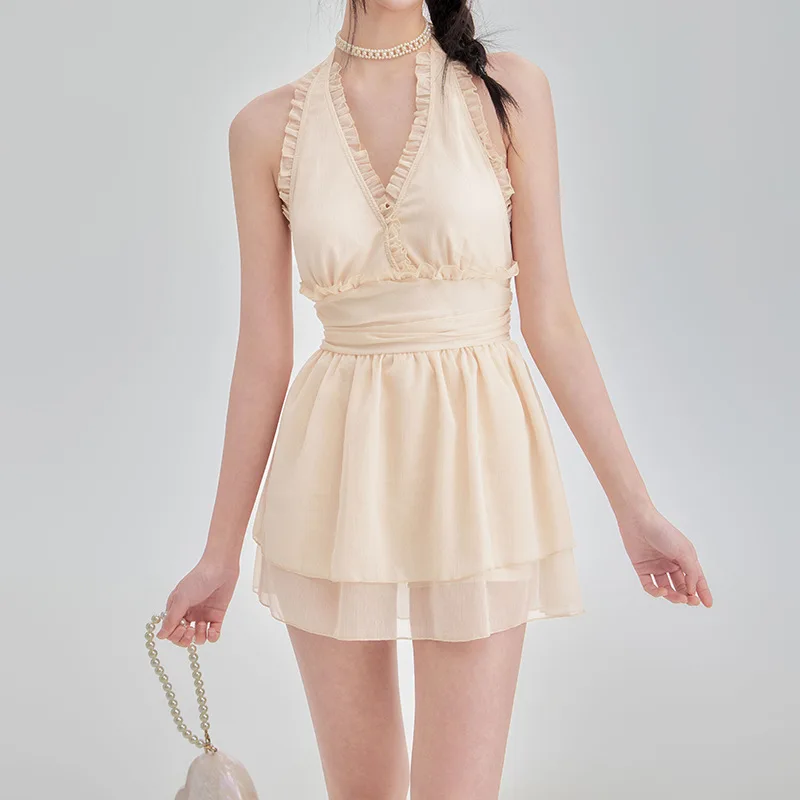 Lolita – maillot de bain une pièce pour filles, bretelles fines, couleur unie, volants, col licou, dos ouvert, robe conservatrice, pour femmes, plage