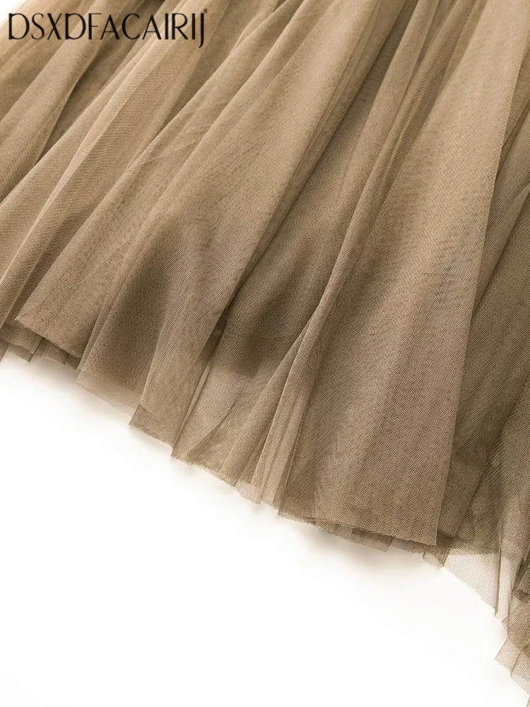 DSXDFACAIRIJ المرأة الترتر التطريز المرقعة فستان شبكي س الرقبة فانوس كم الكشكشة خمر ماكسي الخريف الإناث