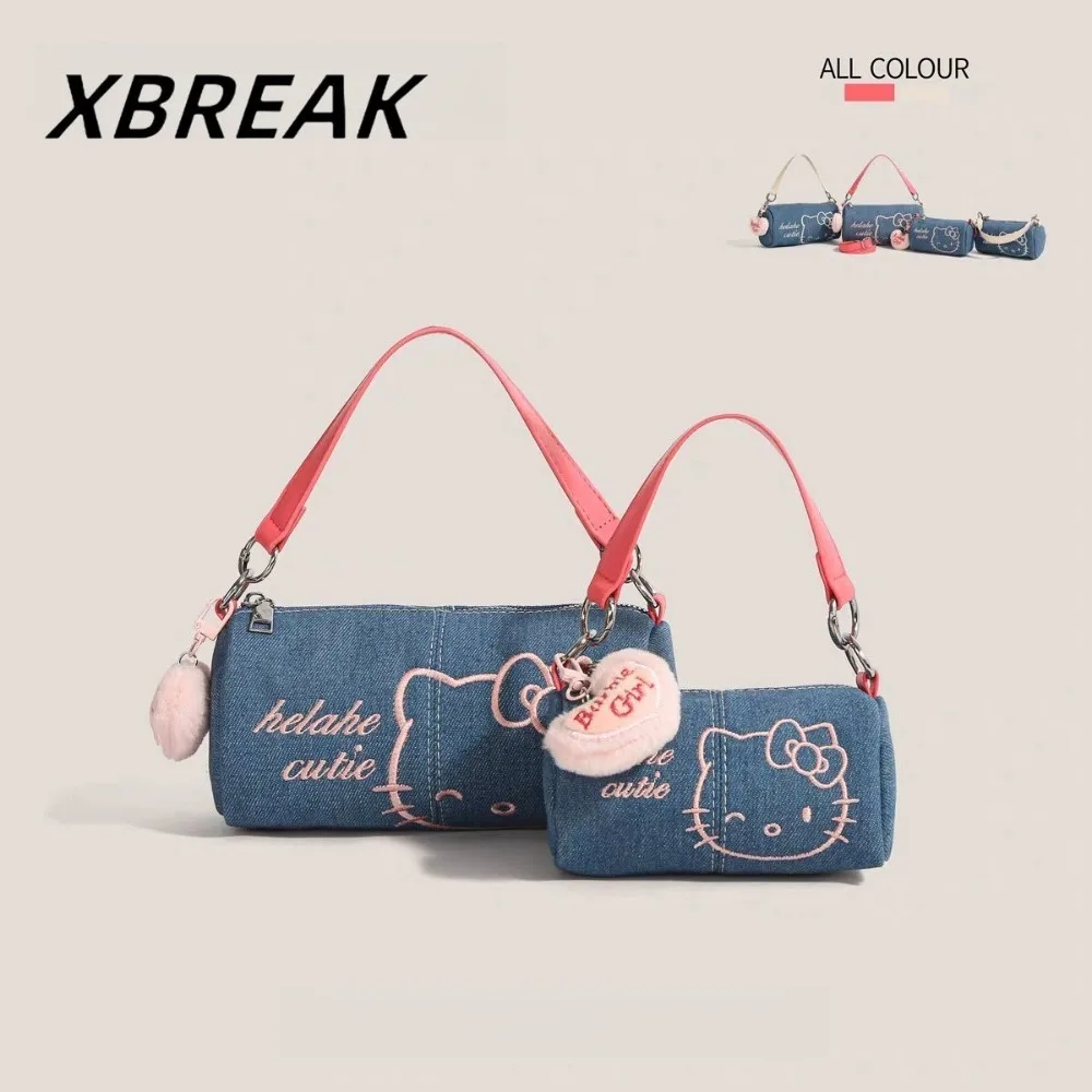 Kawaii HelloKitty حقائب النساء الدنيم حقيبة يد الكرتون حمل اسطوانة حقيبة الكتف حقيبة كروسبودي الفتيات المحفظة هدايا عيد الميلاد