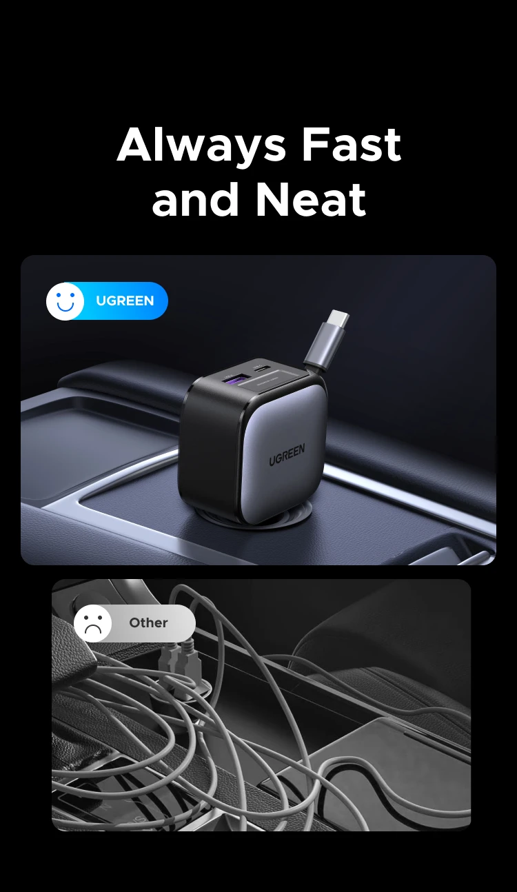 UGREEN 145W 90W 60W Car Charger 3 USB-C & 1 USB-A Ports PD QC4.0 Fast Charging with Retractable Cable for iPhone 18 17 MacBook