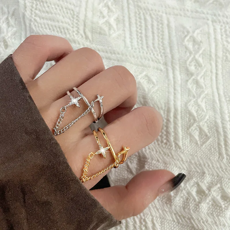 ANENJERY Doppel geschichteten Stern Quasten Offenen Ring Für Frauen Luxus Design Einfache Temperament Dame Schmuck Geschenke Großhandel