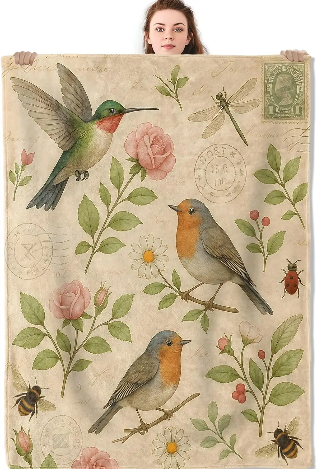 Vintage Botanical Floral Tapestry Throw Blanket Cottagecore Nature Bird Illustration Decor Spring Fall Home Accent