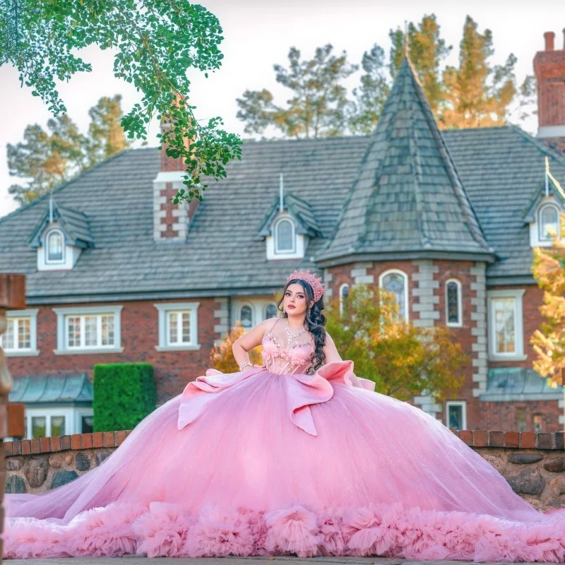 

Pink Quinceanera Dress off-shoulder crystal Lace layering glitter decal Long tail Bow vestidos de 15 Quinceanera ﻿Customize