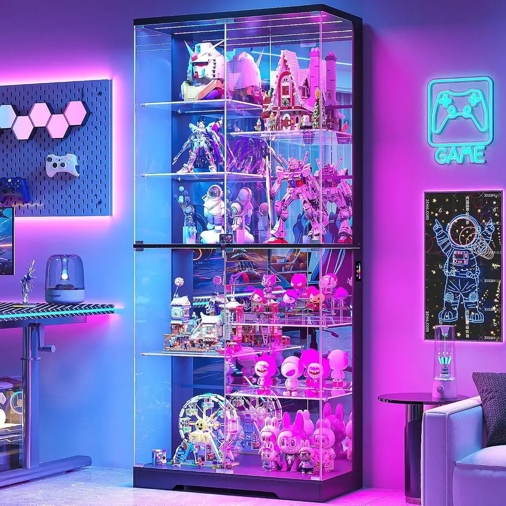 Armário de Exibição de Vidro de 10 Camadas com Luz RGB e Sensor Automático, para Sala de Jogos |   Armário Curio com Fechadura de 71'' de Altura com Porta de Vidro, Armário Chinês