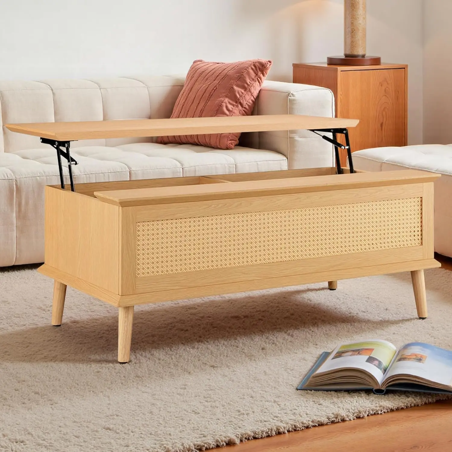 

42" Natural Boho Modern Lift Top Coffee Table - Wooden Rectangle Center Table with Rattan Accents, Hidden Compartment