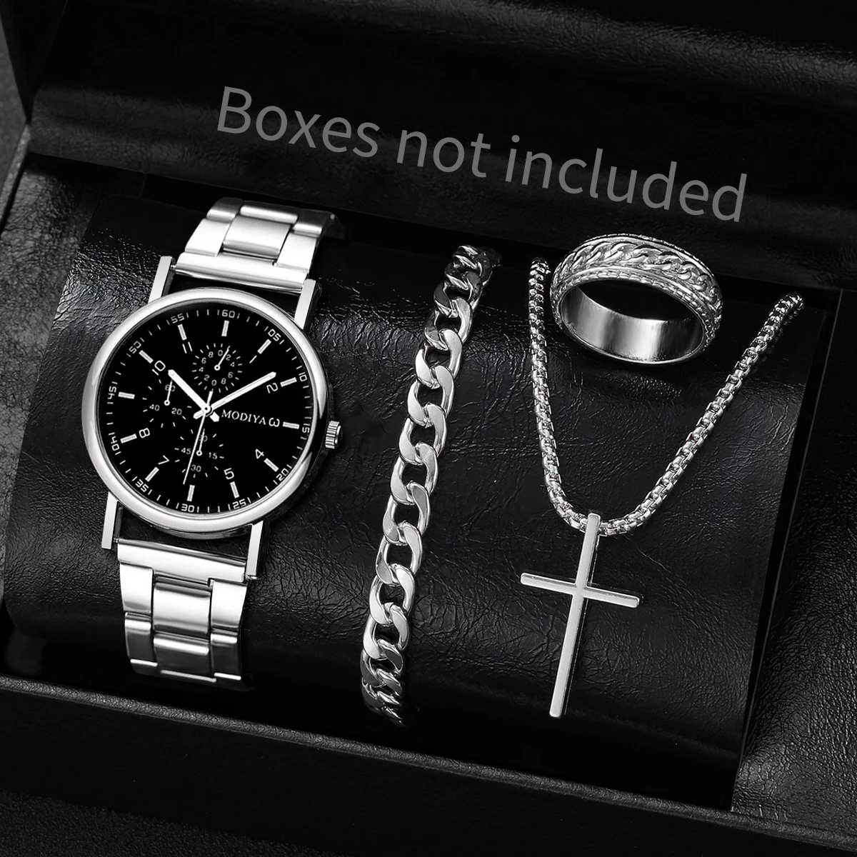 4PCS Fashion Men Business Watches Jewelry Set Casual Analog Quartz Wristwatch for Man Clock Reloj Hombre（Without Box）