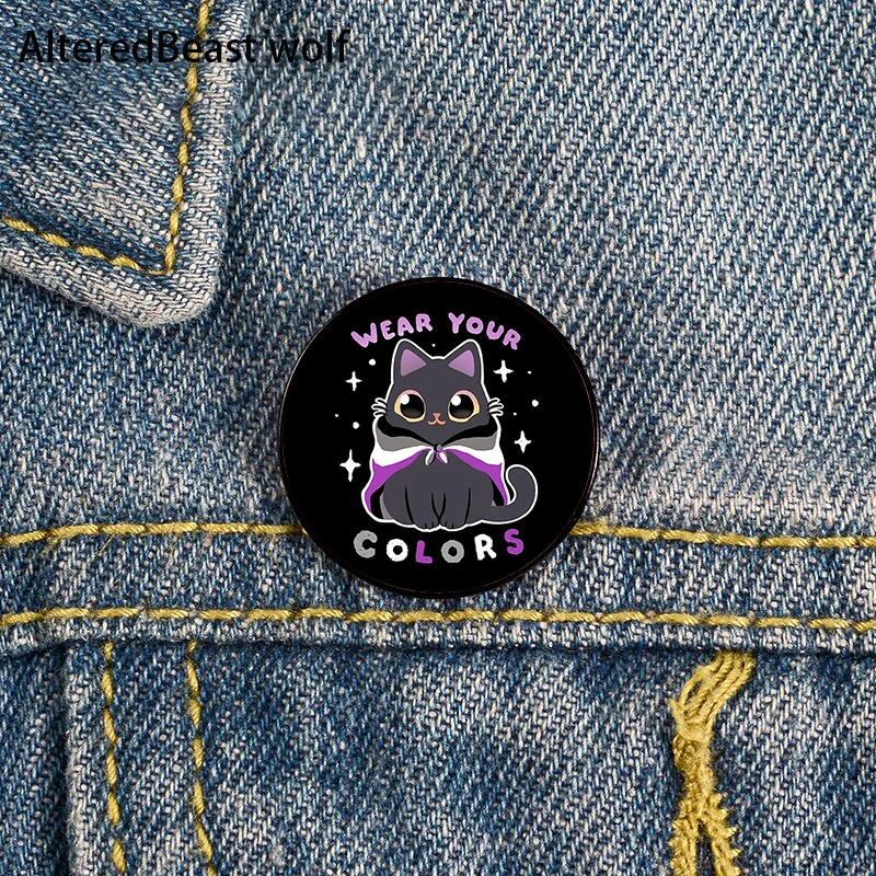 Asexual Pride Moon Cat Pin Custom Brooches Shirt Lapel teacher tote Bag backpacks Badge Cartoon gift brooches pins for women