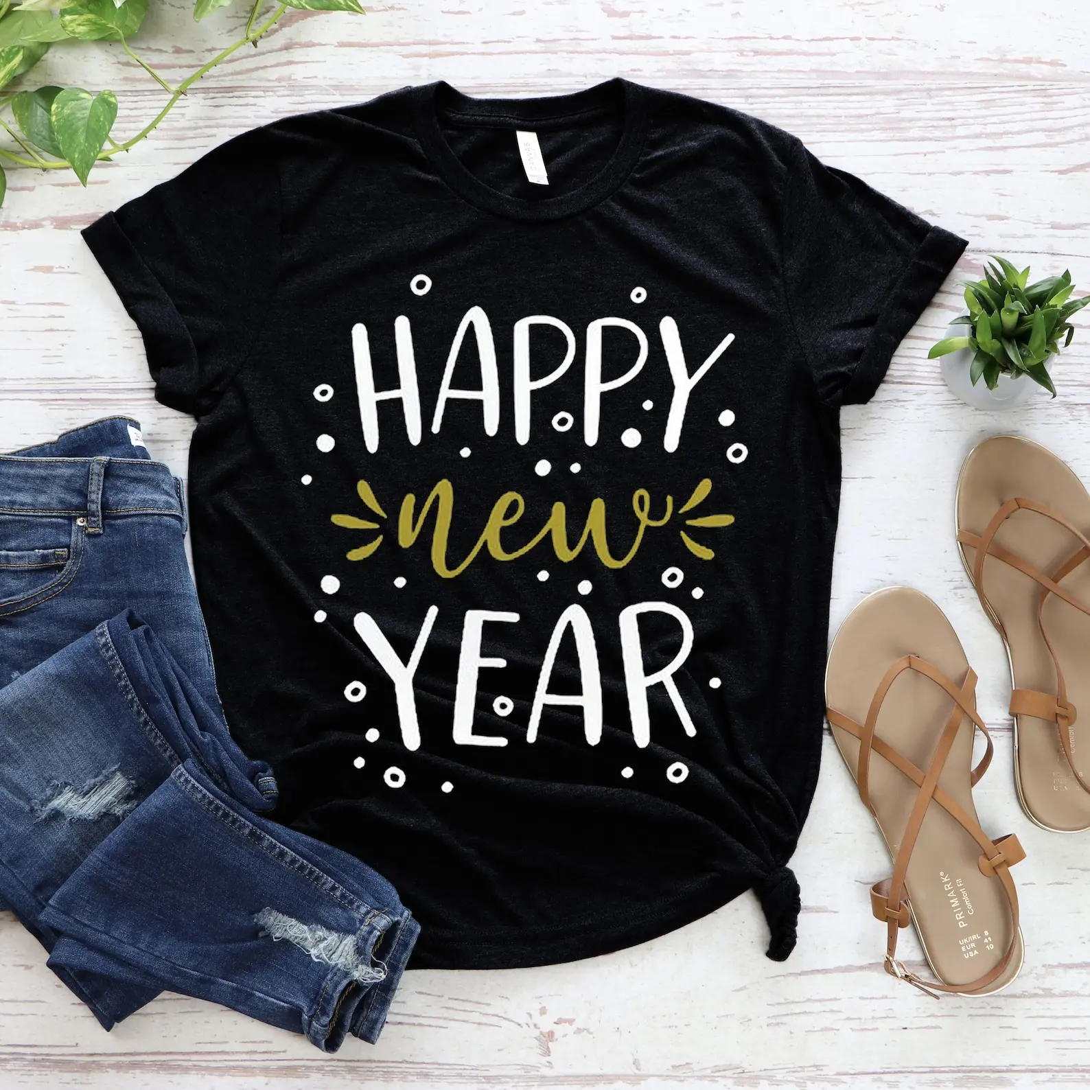 Happy New Year T Shirt Doodle Handwritten Lettering Graphic Tee Festive Holiday Top New Years Eve Gift Women Casual Short Sleeve