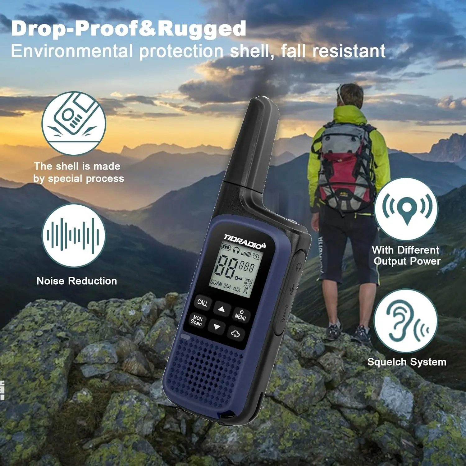 

TIDRADIO Long Range Rechargeable FRS Walkie Talkie, Two Way Radio with Earpiece Set, Weather Ham Radio Headsets, TD-M2