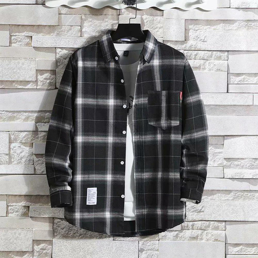 

Men's Casual Plaid Shirt Polyester Long Sleeve Lapel Plaid Casual Loose Top Coat Street Retro Korean Fashion Shirt L-5XL