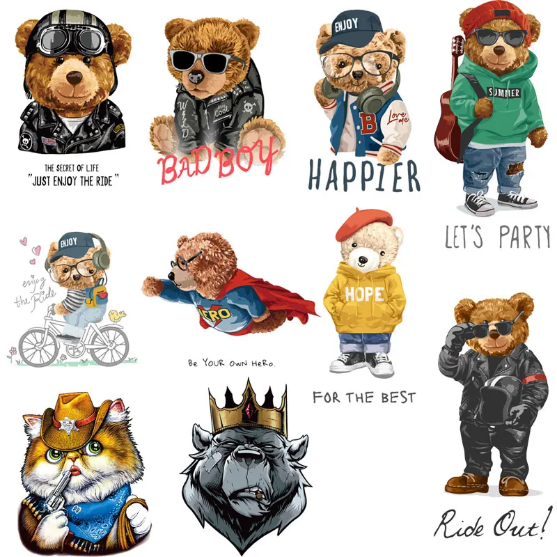 Cool Bear Patches for Clothing Jackets Diy Dog Cat Iron on Transfers on Clothes T-shirt Animal Stripes Themo Stickers Applique T