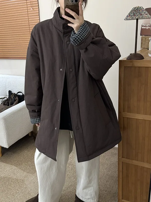 

Korean Style Stand Collar Cotton Jacket Women's Winter Loose Casual Versatile Slimming Warm Mid-Length Cotton Coat