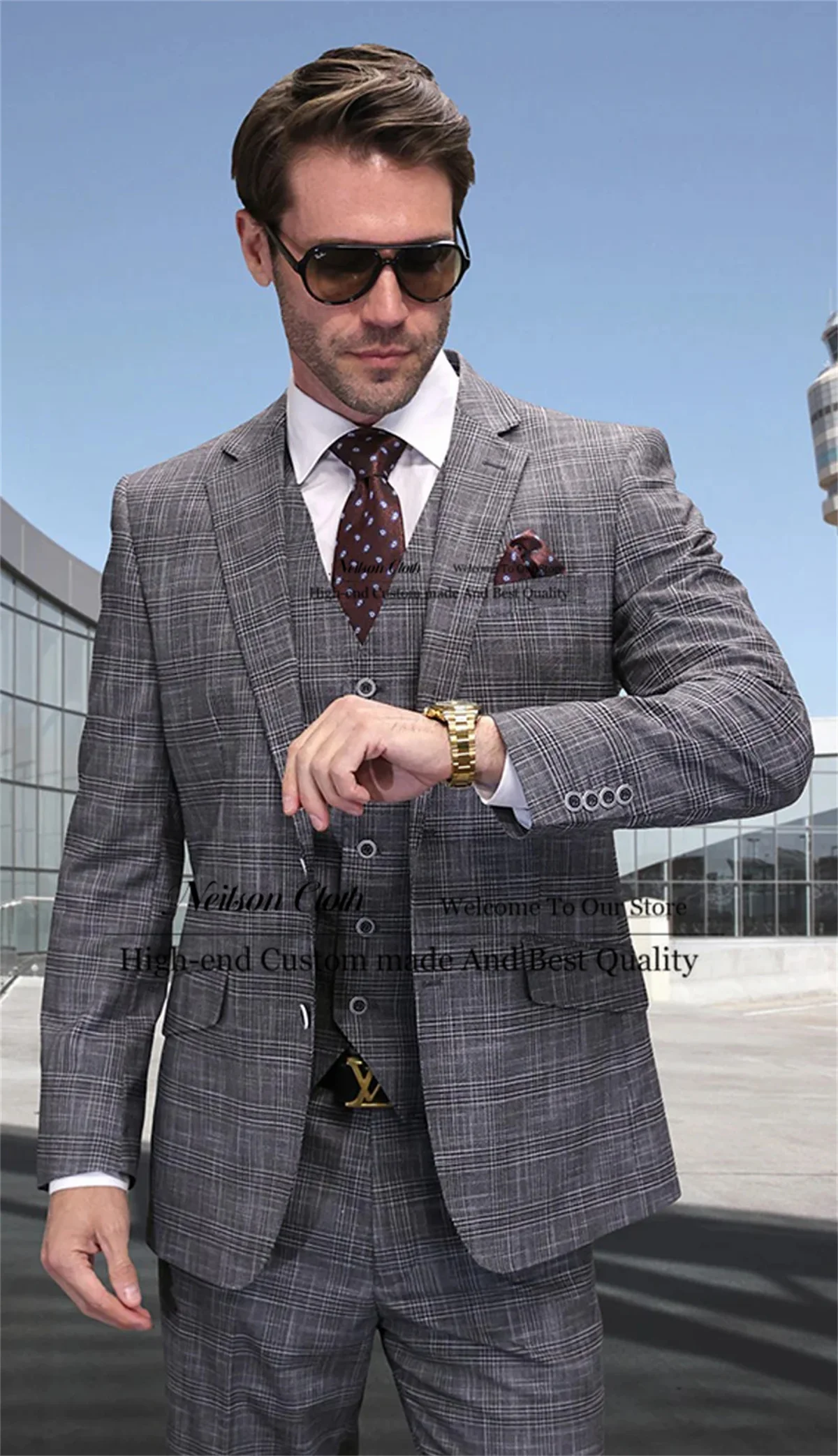 

Formal Grey Male Prom Blazers 3 Pcs Sets Plaid Groom Wedding Tuxedos For Men Customized Business Notched Lapel Costume Homme