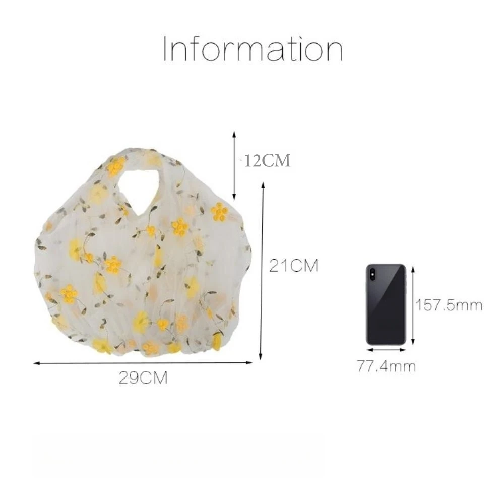 Korean Transparent Lace Embroidered Flower Handbag,Flower Elf Little Fresh Mesh Female Student Beach Handbag,Daily Shopping Bag