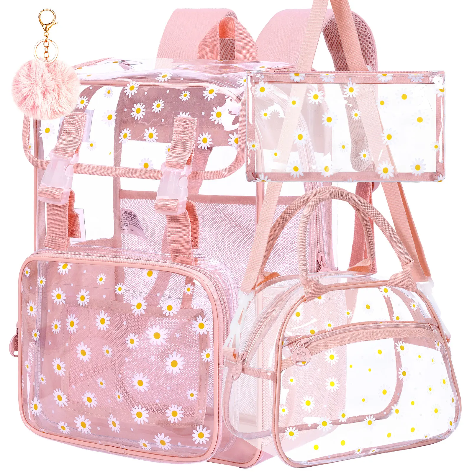 

3PCS Pink Clear Backpack, Heavy Duty Transparent Bookbag for Girls Women, Stadium Approved See Through Backpack with Lunch Box (